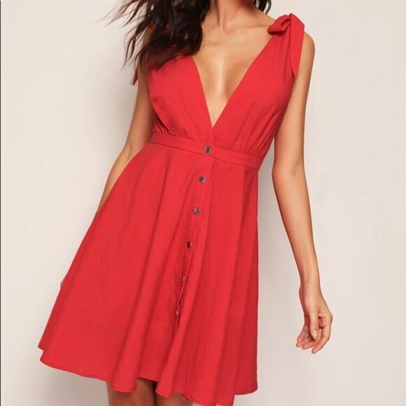 ✨HP✨Tie Strap Plunging Button Up Skater Dress✨ - Picture 3 of 6